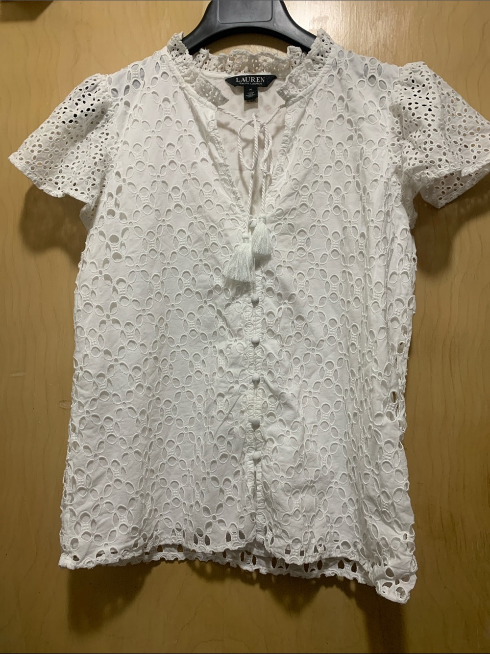 Lauren Ralph Lauren White Eyelet Tassel Tie Front Blouse size M